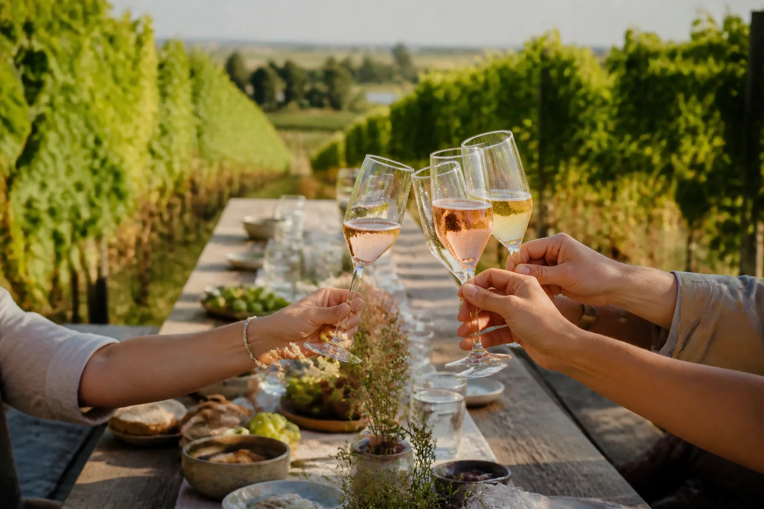 Proeven van alcoholvrije bubbels aan een tafel tussen de wijnranken